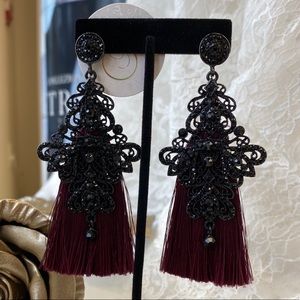 Wine Fringe Tassel Earrings with Rhinestones